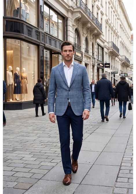 Giacca sartoriale Tagliatore check blu e grigio in seta e cotone  Made in Italy TAGLIATORE | GIACCHE | 1SMC22K C90060Eb902